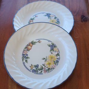 2 Corning Corelle Orchard Rose Salad Plate blue trim floral & fruit